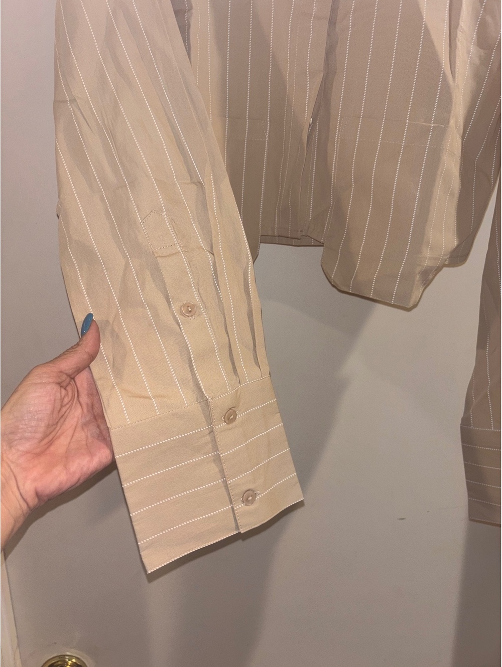 NWT PrettyLittleThing Stone Pinstripe Cropped Shirt US 10 UK 14 EU 42 - Picture 5 of 7